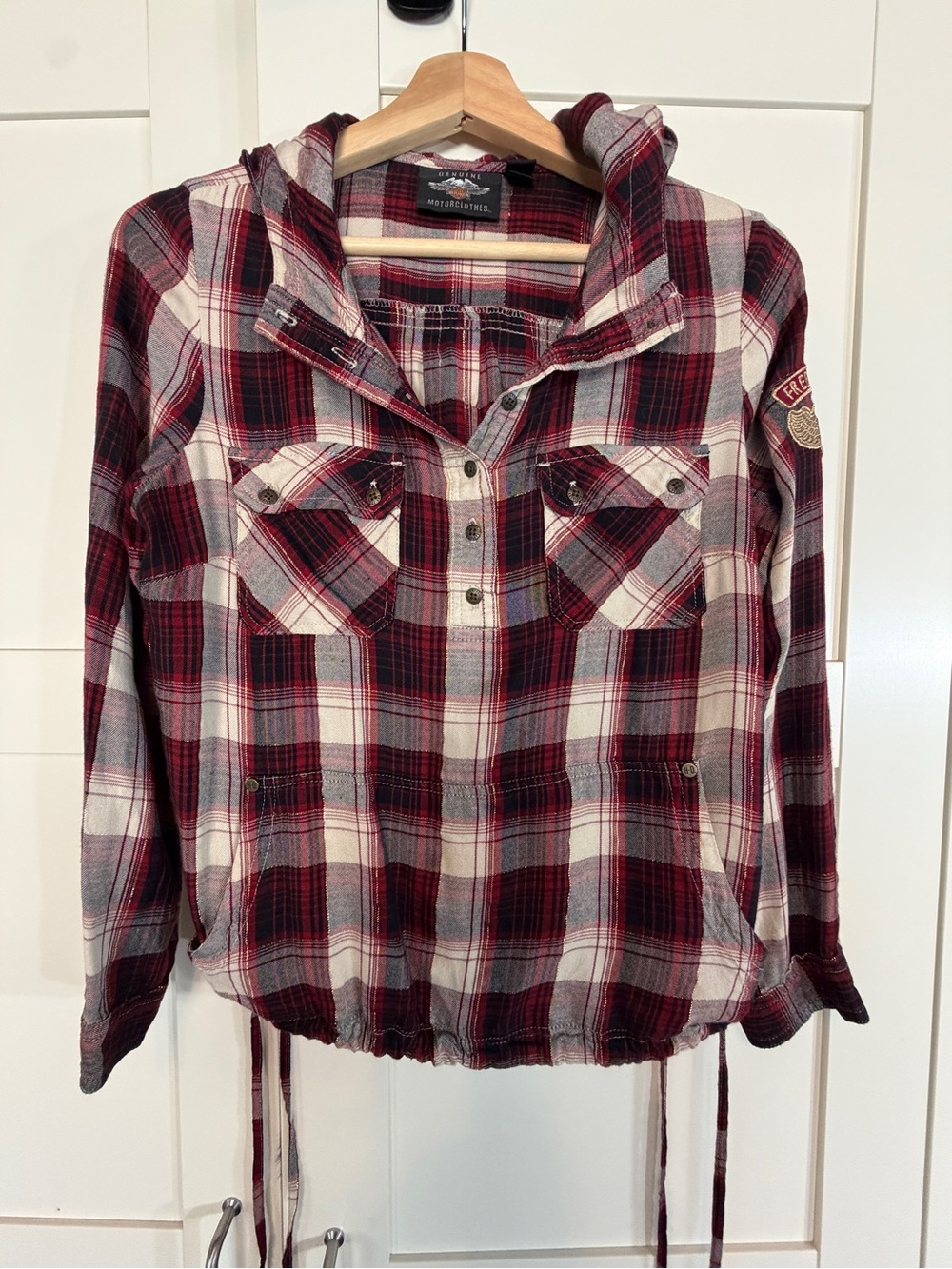 Harley-Davidson Red, Black & Cream Plaid Hooded Shirt B7